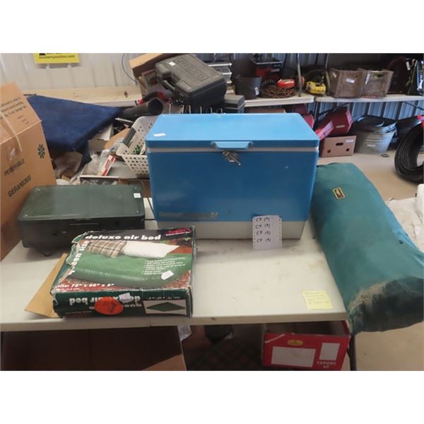 Coleman Cooler, Air Bed 78" x 60" , Coleman Stove, Lugger Tent ( size ?? )