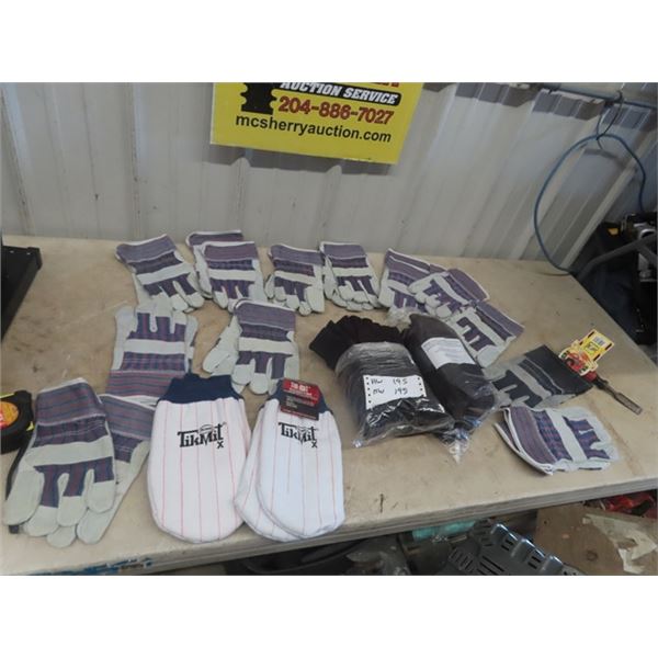 12 New Sets of Work Gloves, 24 PAirs of Cloth Gloves & 2 Tik  Mitts