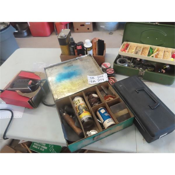 Fishing Tackle + Box , Shoe Shine/Repair Kit, Ren Power Sander, CAse Ful, of Tire Repair