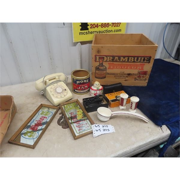 Wooden Whiskey Crate, Rotary Telephone, Packard Shovel, Mirrored Advertising plus more
