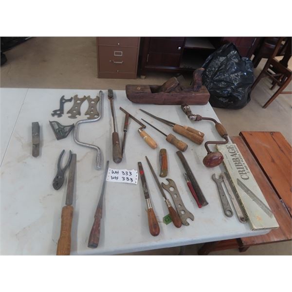 Vintage Tools: Pioneer Drill, Buck Knife, Wrench