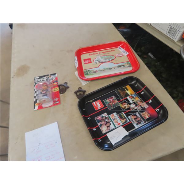 (2) 1986 Coca-Cola Trays , (2) Coke Brass Openers