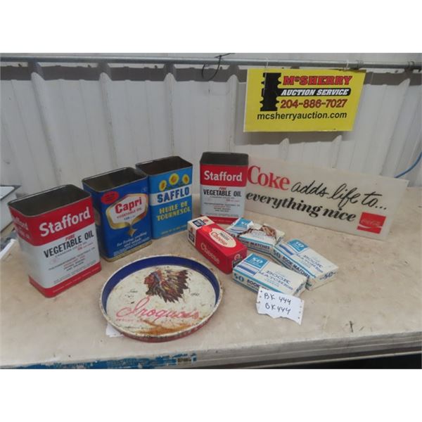 Iroquois Metal Beer Tray, Fiberglass Coke Sign 20.5 x 9.5" , Vegetable Oil Tins & Matches