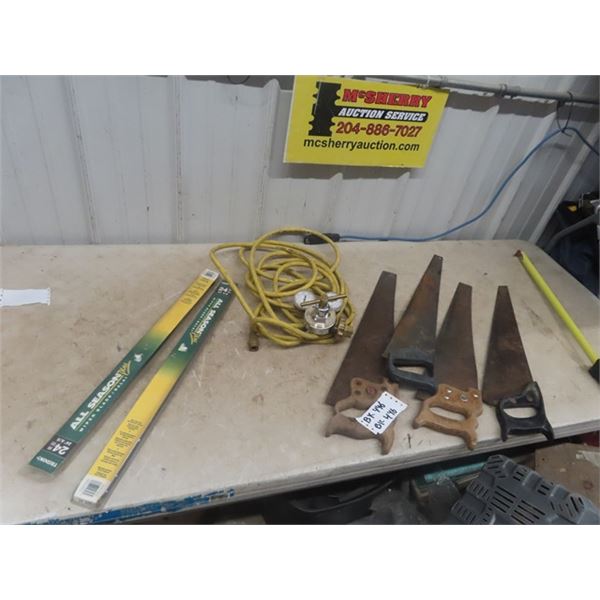4 Saws, 2 New 24" Wiper Blades, Hose, Gauges