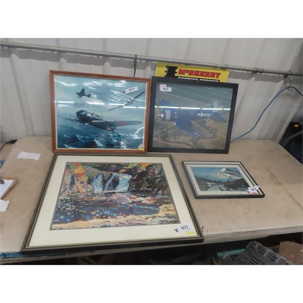 4 Pictures : 2 Planes, 2 Outdoor Scenes - 1 of the Planes had Broken Glass - Biggest 23" x 27"