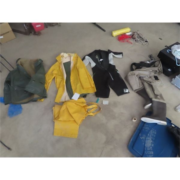 2 Sets of Rain Gear, Wet Suit Sz XL, New Chest Wadders Sz 10