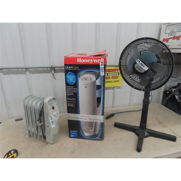 14  Fan with Adjustable Height, Honeywell Humidifier, Airworks Mini Oil Heater