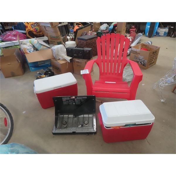 Adirondak Yard Chair , 2 Coleman Coolers, Coleman Stove, Camping Dishes