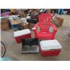 Image 1 : Adirondak Yard Chair , 2 Coleman Coolers, Coleman Stove, Camping Dishes