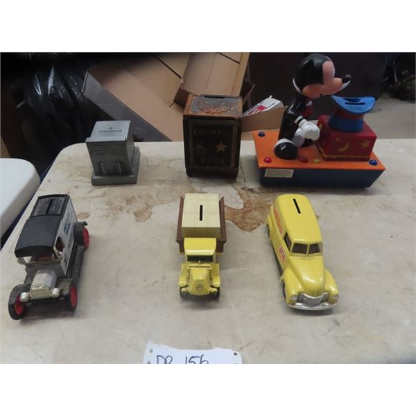 6 Vintage Coin Banks, 3 Cast Cars, Bank, Mickey Mouse Safe, Imperial Home Hardware