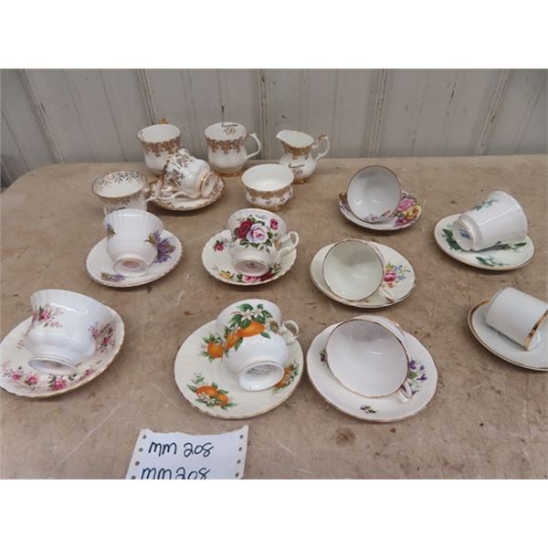 9 Cup + Saucer Pairs: Royal Albert, plus others & Anniversary Set