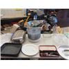 Image 1 : Kitchen Items ; Dehydrator, Roasting Pans, Plate, Bowls, Pyrex Dishes, Pitcher, Knife + Sharpener