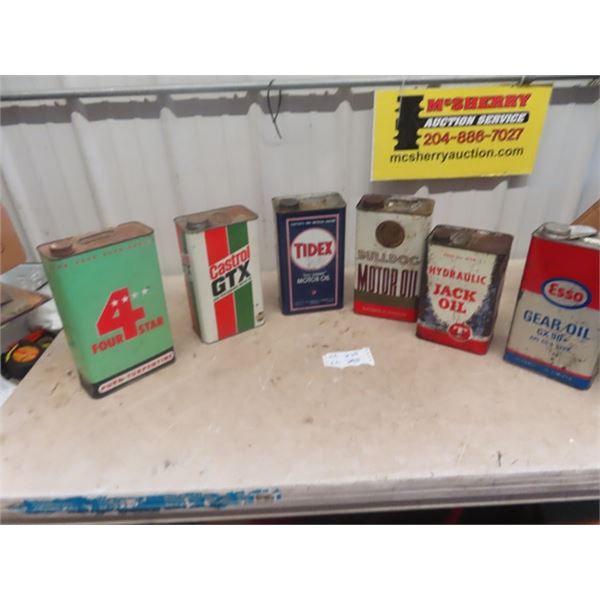 (6) 1 Gal Oil Tins : Esso, Timbler, Tidex, Bull Dog, Castrol, 4 Star