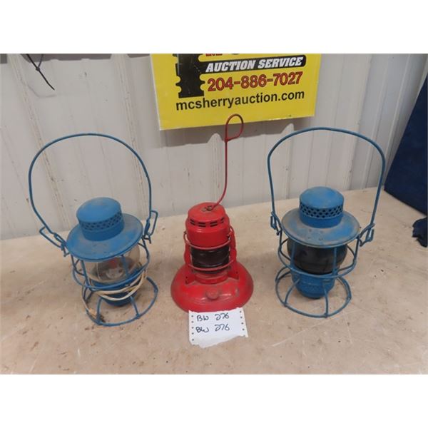 3 Lantern ; 1 Railway Blue Glass , Railway Converted to Electric, Deutz with Red Glass