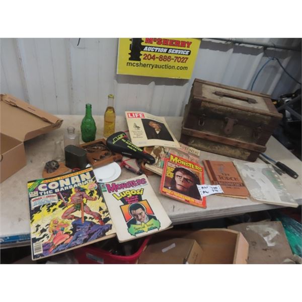 Small Trunk 12" x 17" x 10.5" , Nesbit Pop Bottles Military Fuel Can, Magazines 1971+72 plus more