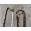 Image 2 : 4 Old Walking Sticks - 3 Antique; Blackthorn Shillelagh, Hickory Trekker with Metal Badges, Masonic 