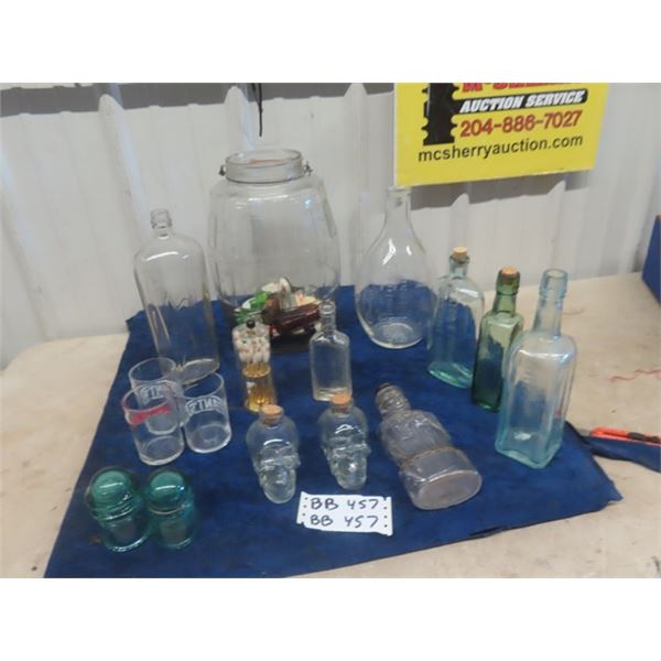 Antique Bottle Lot : Skull Bottles, Drug Store, Mini Glass Liquor, Rare Abe Lincoln Glass Bank, Carl