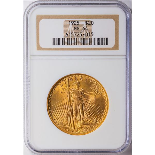 1925 $20 Saint Gaudens Double Eagle Gold Coin NGC MS64