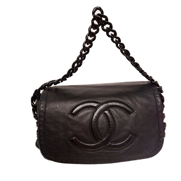 Chanel Black Lambskin Leather Resin Modern Chain Medium Flap Bag