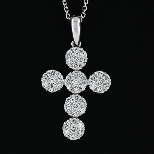 New 14k White Gold 0.85 ctw Ideal Cut Diamond Multi Circle Cluster Cross Pendant