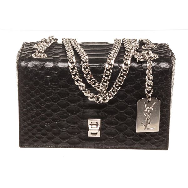 YSL Saint Laurent Black Python Embossed Minaudiere Camera Bag