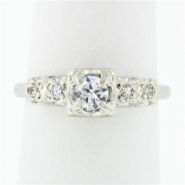 Vintage 14k White Gold 0.37 ctw Round Diamond Solitaire & Accents Engagement Rin