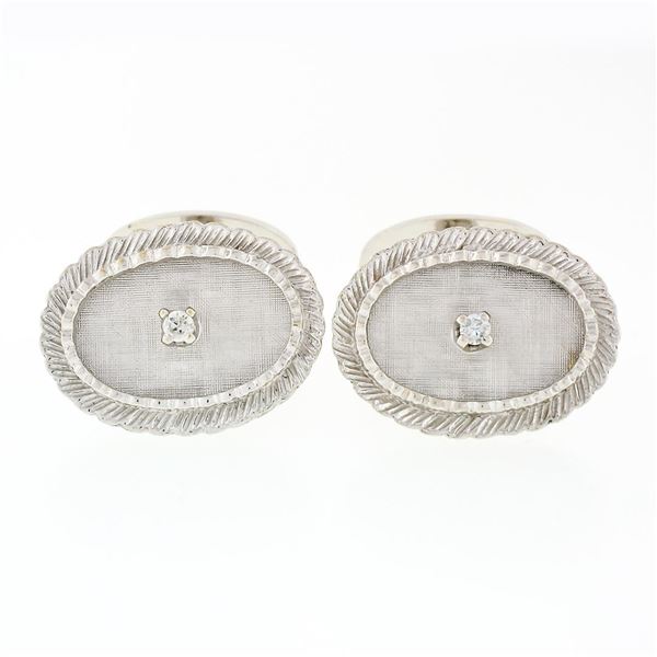 French Men's Vintage 18k Gold Florentine Finish Diamond Oval Swivel Cufflinks