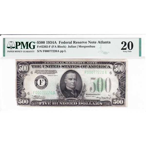 1934A $500 Federal Reserve Note Atlanta PMG20 Very Fine