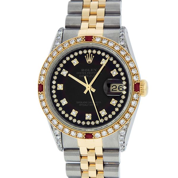 Rolex Mens 2 Tone Black String Diamond Lugs & Ruby Datejust 36MM
