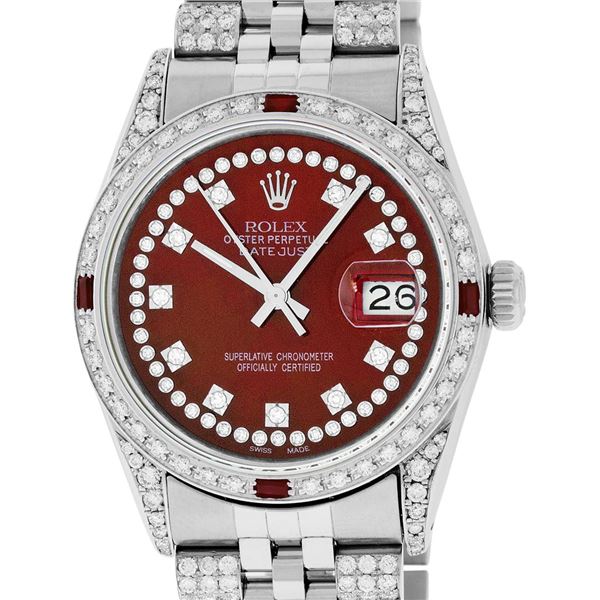 Rolex Mens Stainless Steel Red Diamond Lugs & Ruby Datejust Wristwatch