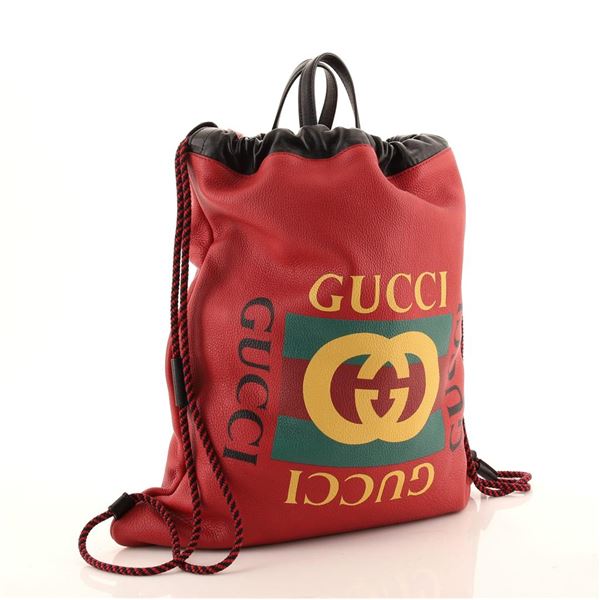 Gucci Red Leather Print Logo Drawstring Large Backpack