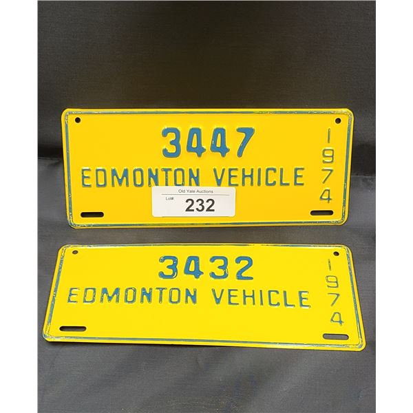TWO NOS 1974 EDMONTON VEHICLE CITY LICENSE PLATES