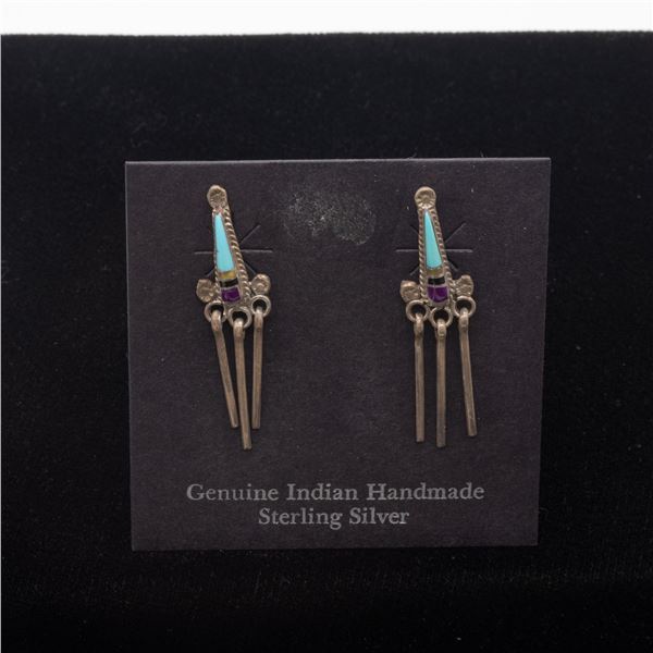 Zuni Sterling Turquoise Sugilite and Jet Earrings