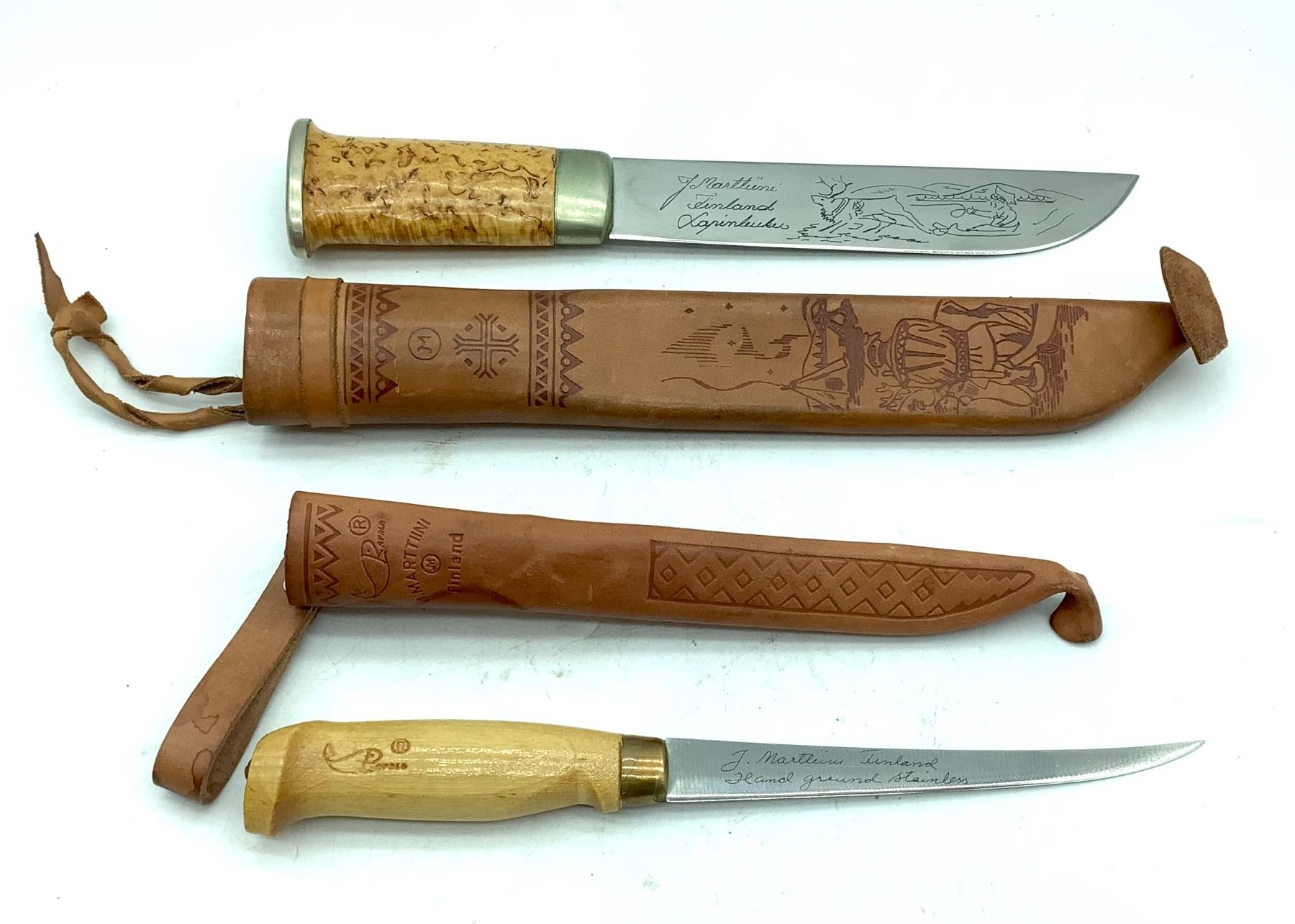 J. Marttiini Fillet Knife and Fixed Blade Knife in Leather Sheaths