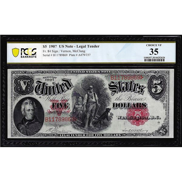 1907 $5 Woodchopper Legal Tender Note Fr.84 PCGS Choice Very Fine 35