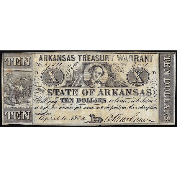 1862 $10 Arkansas Treasury Warrant Little Rock, AR Obsolete Note
