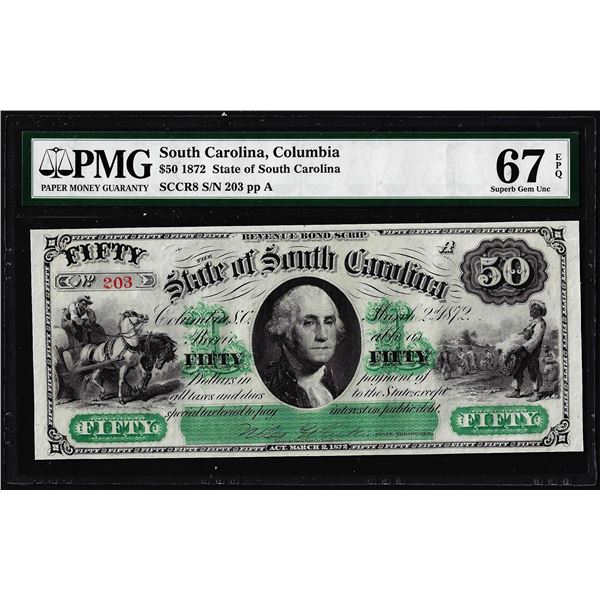 1872 $50 State of South Carolina Obsolete Note PMG Superb Gem Unc 67EPQ