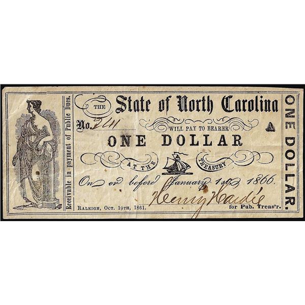 1861 $1 State of North Carolina Raleigh Obsolete Note