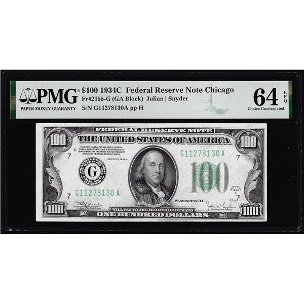 1934C $100 Federal Reserve Note Chicago Fr.2155-G PMG Choice Uncirculated 64EPQ