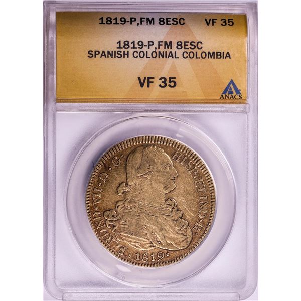 1819-P FM Colombia 8 Escudos Ferdinand VII Spanish Colonial Gold Coin ANACS VF35
