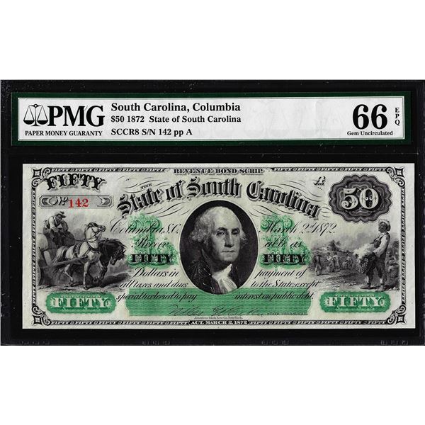 1872 $50 State of South Carolina Obsolete Note PMG Gem Uncirculated 66EPQ