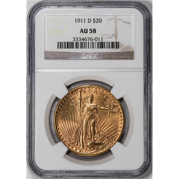 1911-D $20 St. Gaudens Double Eagle Gold Coin NGC AU58