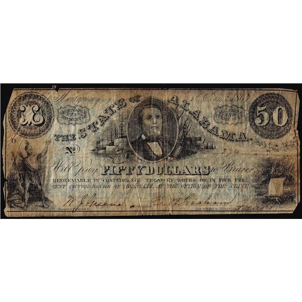 1864 $50 The State of Alabama Montgomery Obsolete Note
