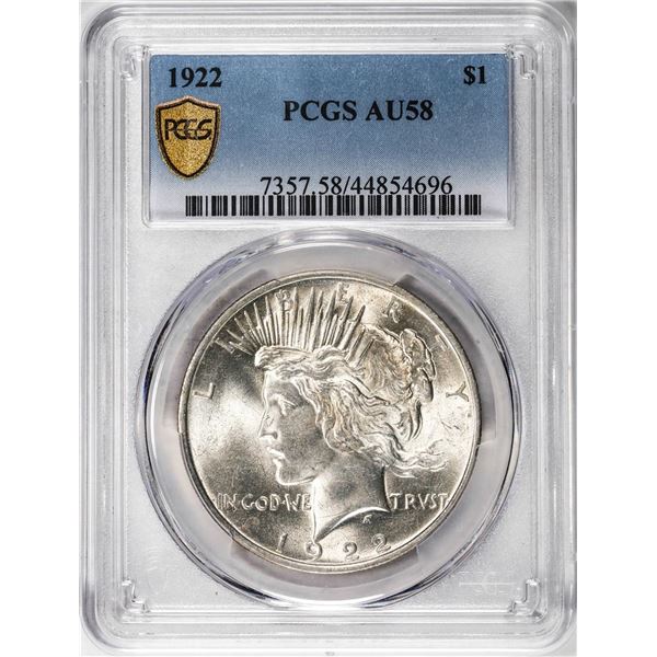 1922 $1 Peace Silver Dollar Coin PCGS AU58