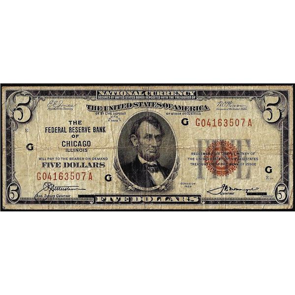 1929 $5 Federal Reserve Bank Note Chicago