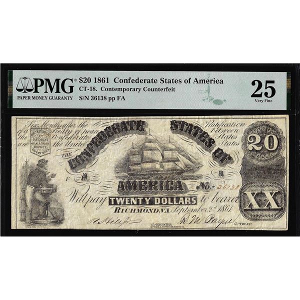 1861 $20 Confederate States of America Contemporary Counterfeit Note CT-18 PMG VF25