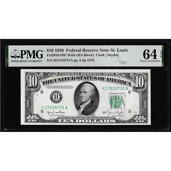 1950 $10 Federal Reserve Note St. Louis Fr.2010-HW PMG Choice Uncirculated 64EPQ