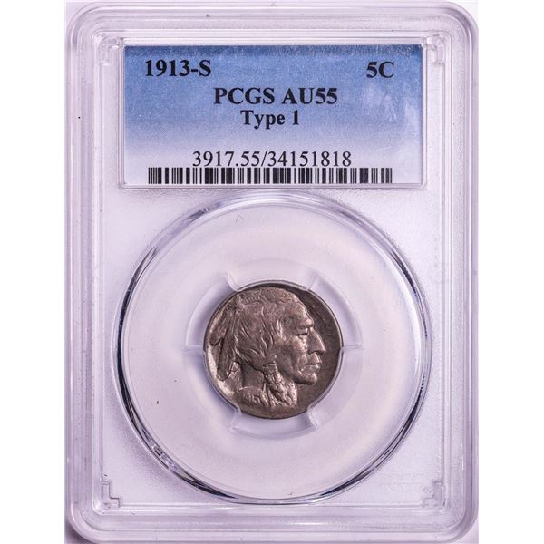 1913-S Type 1 Buffalo Nickel Coin PCGS AU55