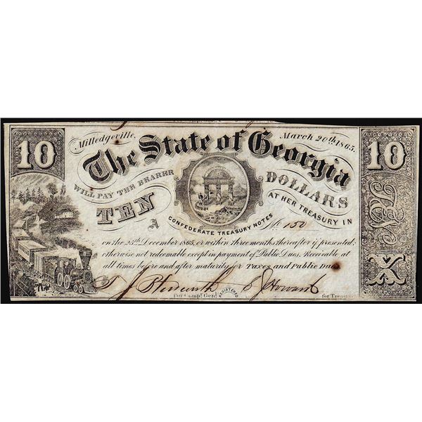 1865 $10 State of Georgia Milledgeville, GA Obsolete Note