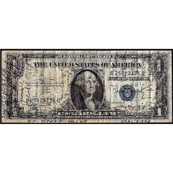 1935A $1 Silver Certificate Short Snorter Signed Note
